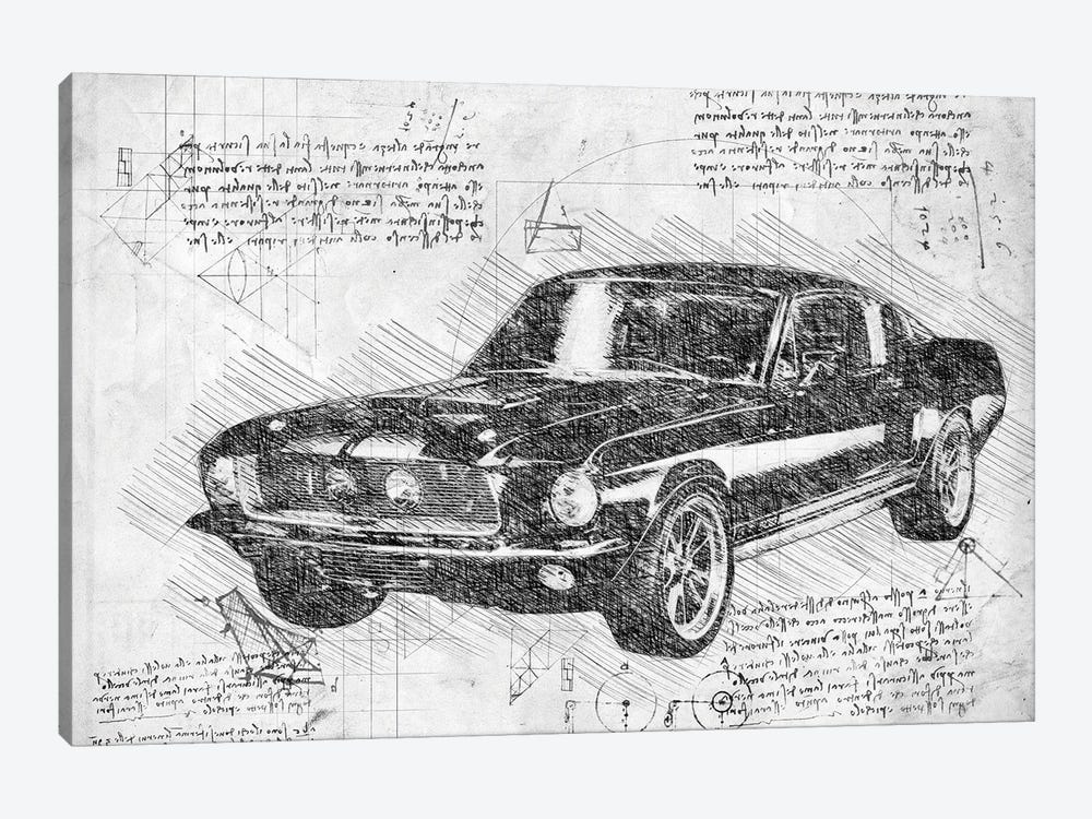 B&W 1967 Ford Mustang Muscle Car Art Print by FisherCraft | iCanvas