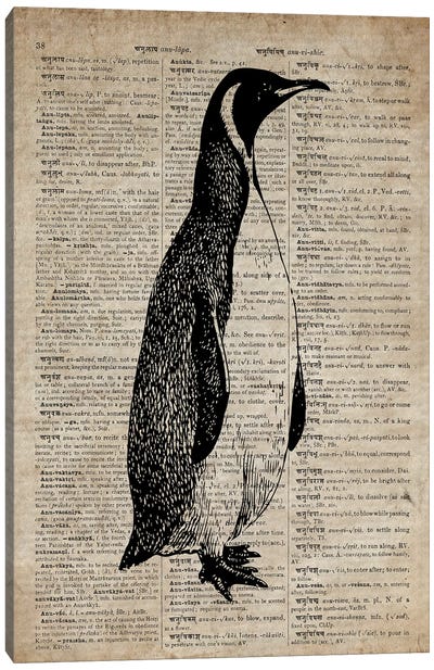 Penguin Etching Print IX On Old Dictionary Paper Canvas Art Print - FisherCraft