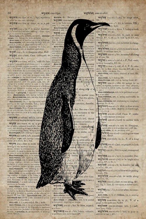 Penguin Etching Print IX On Old Dictionary Paper