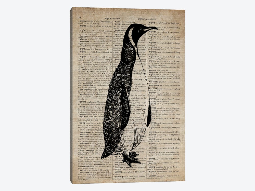 Penguin Etching Print IX On Old Dictionary Paper by FisherCraft 1-piece Art Print