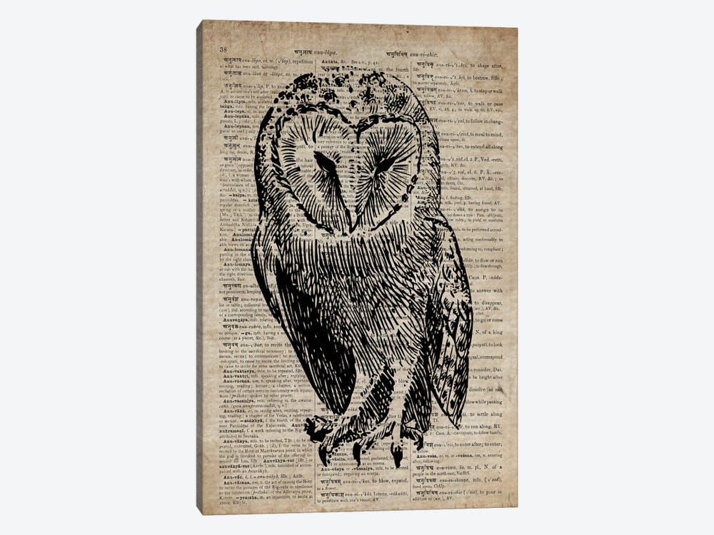 Owl Etching Print V On Old Dictionary Paper by FisherCraft 1-piece Canvas Art