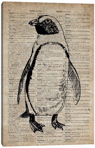 Penguin Etching Print VIII On Old Dictionary Paper Canvas Art Print - FisherCraft