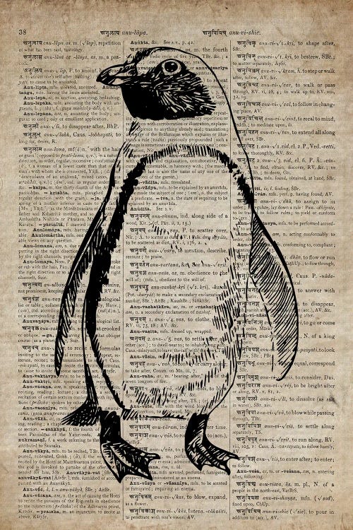 Penguin Etching Print VIII On Old Dictionary Paper