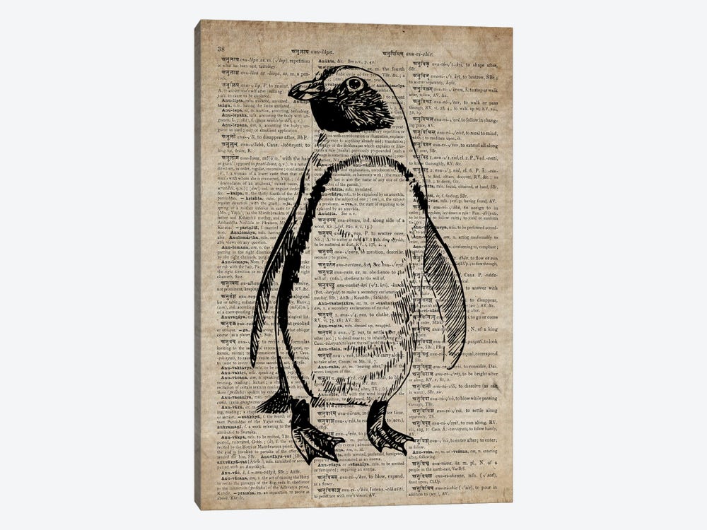 Penguin Etching Print VIII On Old Dictionary Paper by FisherCraft 1-piece Canvas Art