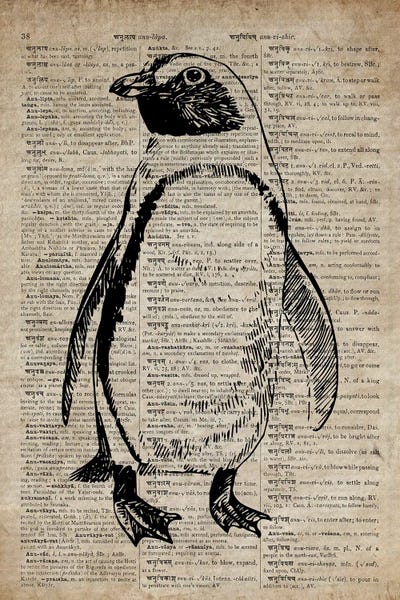 Novels & Scripts: Penguin Etching Print VIII On Old Dictionary Paper by FisherCraft