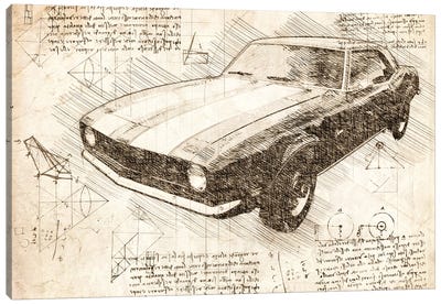 Sepia 1970 Chevrolet Camaro Muscle Car Canvas Art Print - Automobile Blueprints