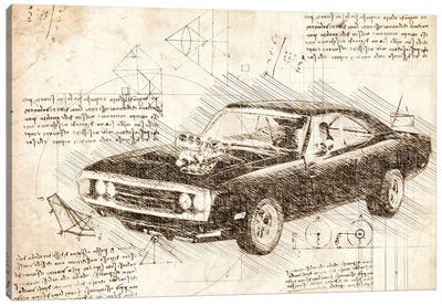 Sepia 1970 Dodge Charger Muscle Car Canvas Art Print - Automobile Blueprints