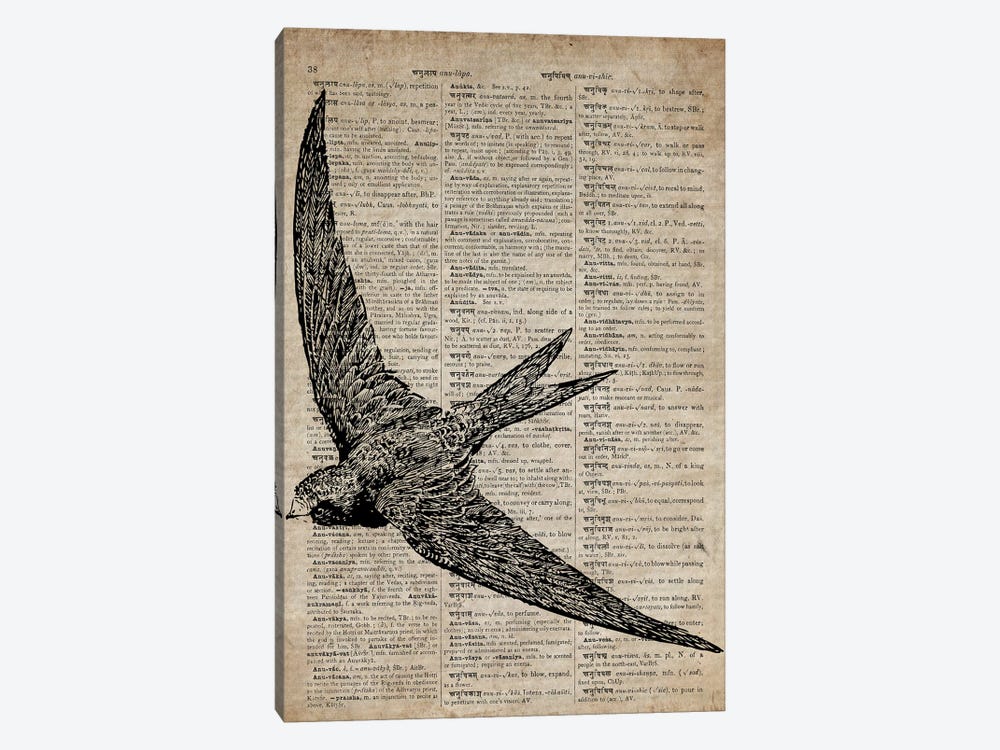 Swallow Etching Print X On Old Dictionary Paper by FisherCraft 1-piece Canvas Print