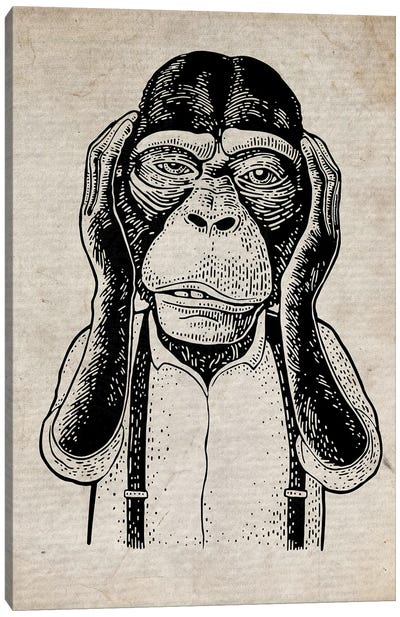 Hear No Evil On Old Paper Canvas Art Print - Chimpanzee Art