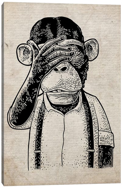 See No Evil On Old Paper Canvas Art Print - Chimpanzee Art