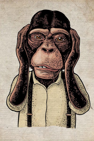 Chimpanzees: Colour Hear No Evil On Old Paper by FisherCraft