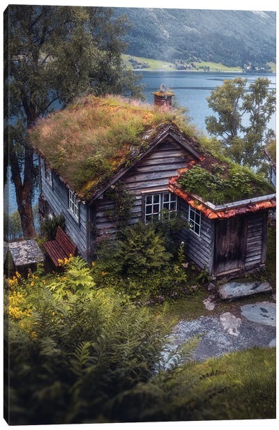 Cabin By The Lake Canvas Art Print - Fredrik Strømme