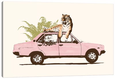 Tiger On Car Canvas Art Print - Florent Bodart