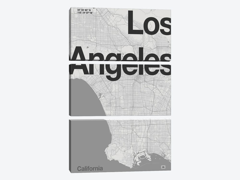 Los Angeles - Minimal Map by Florent Bodart 3-piece Canvas Print