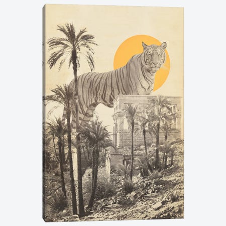 Giant Tiger in Ruins with Palms Canvas Print #FLB191} by Florent Bodart Canvas Artwork