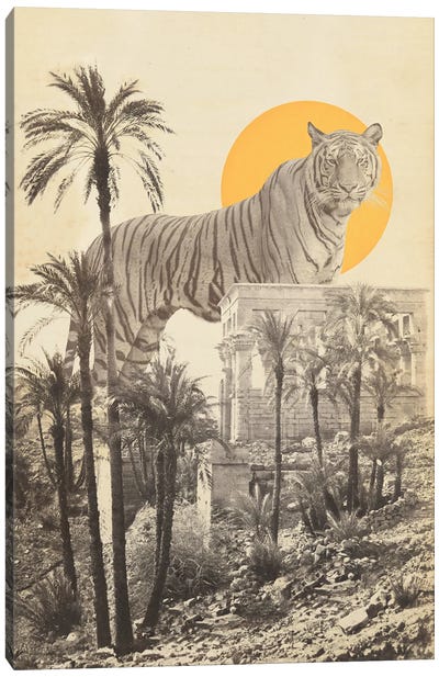 Giant Tiger in Ruins with Palms Canvas Art Print - Ancient Ruins Art