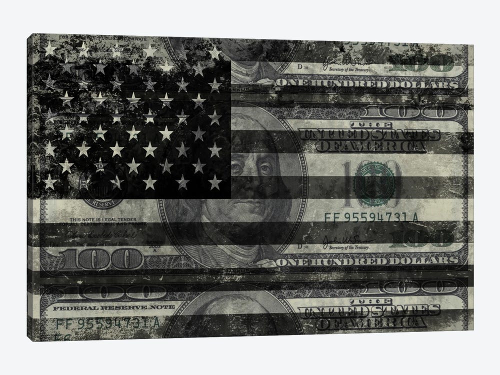 USA "Melting Film" Flag in Black & White (100 Dollar Bill) 1-piece Canvas Art Print