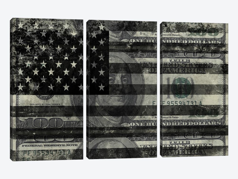 USA "Melting Film" Flag in Black & White (100 Dollar Bill) by iCanvas 3-piece Canvas Print