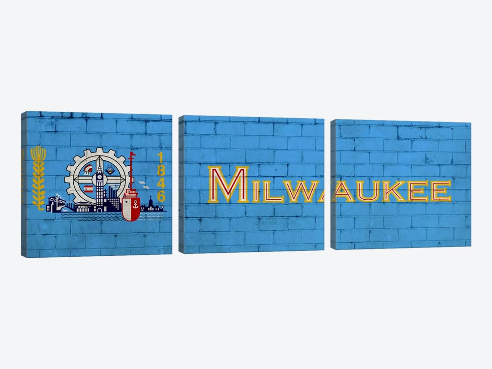 Milwaukee, Wisconsin City Flag on Bricks by iCanvas 3-piece Canvas Art Print