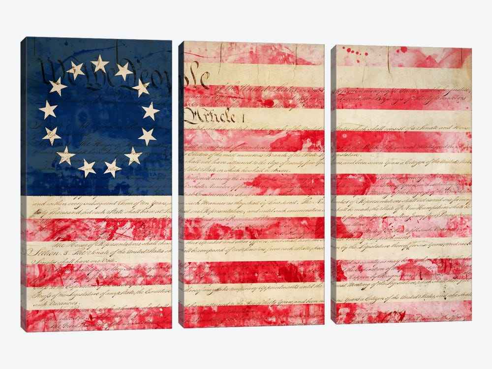 USA "Betsy Ross" Flag with Constitution Background II 3-piece Canvas Wall Art