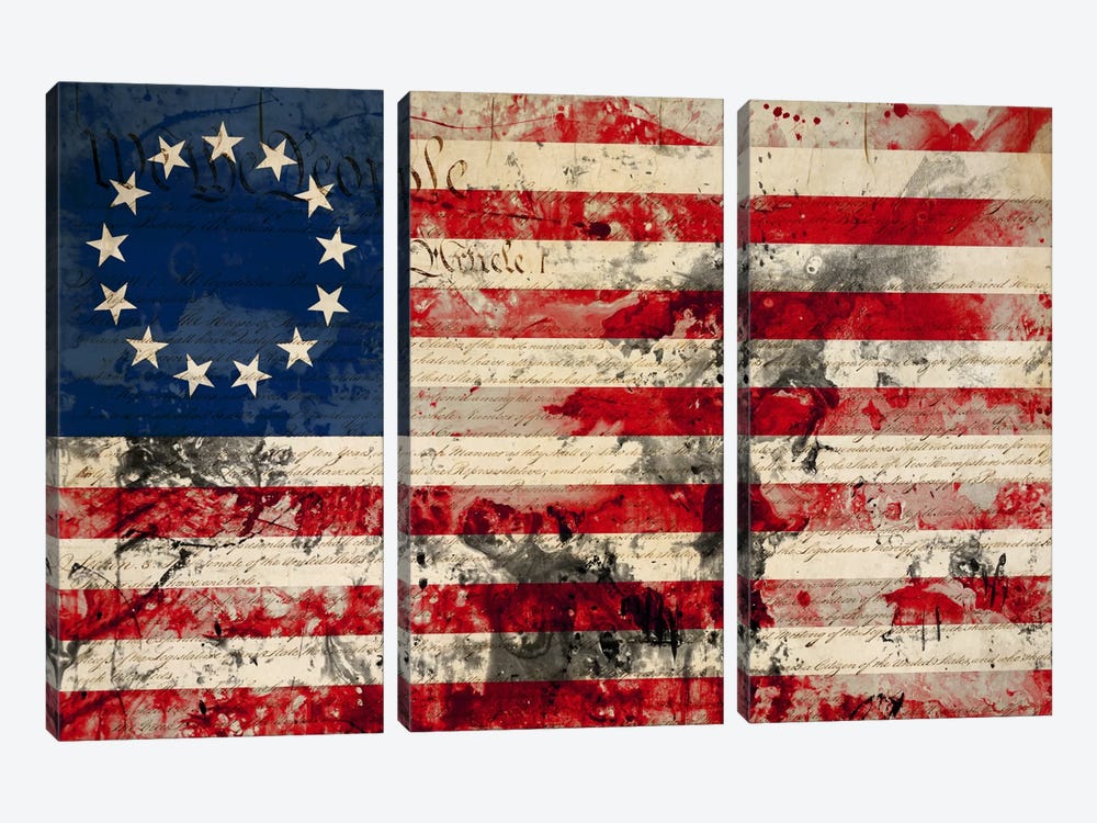 USA "Betsy Ross" Flag with Constitution Background I by 5by5collective 3-piece Canvas Print