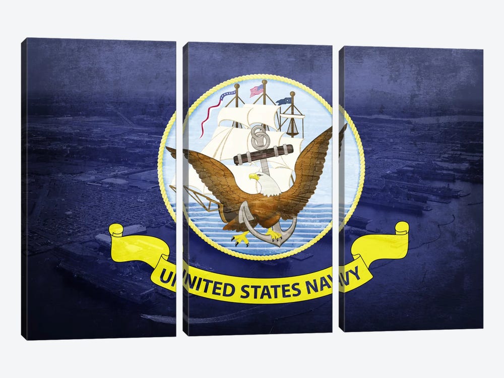 U.S. Navy Flag (Naval Station Norfolk Background) II by 5by5collective 3-piece Canvas Artwork