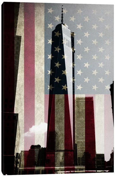 New York Freedom Tower, American Flag Canvas Art Print - Flags Collection