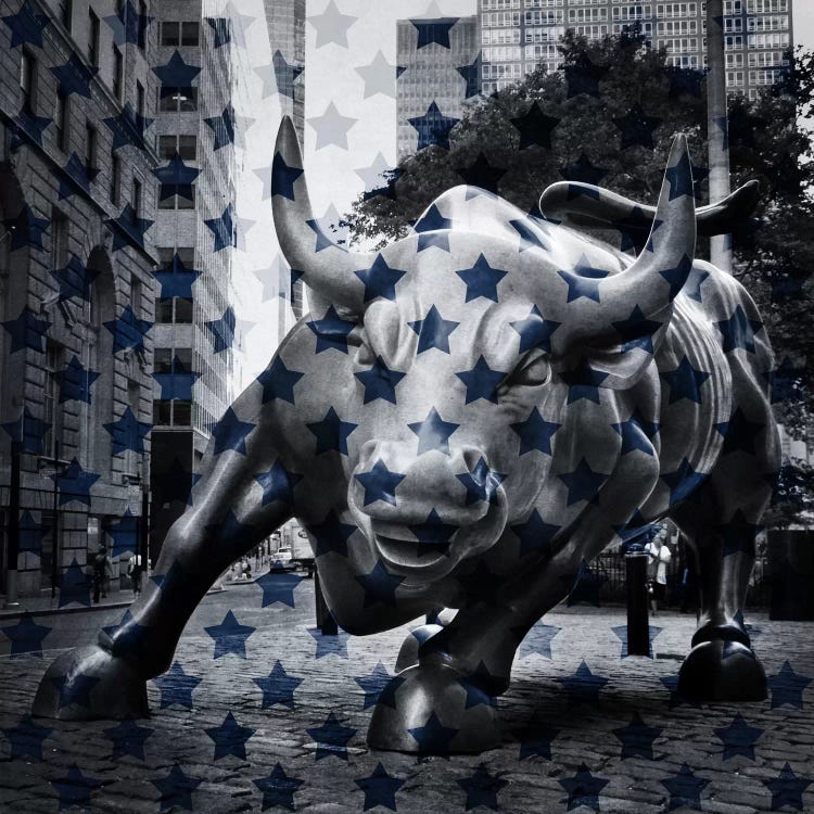 New York - Wall Street Charging BullBlue Stars by iCanvas wall art