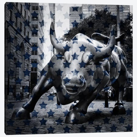 New York - Wall Street Charging BullBlue Stars Canvas Print #FLG281} by iCanvas Canvas Art
