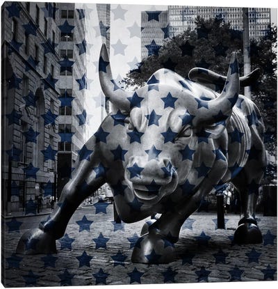 New York - Wall Street Charging BullBlue Stars Canvas Art Print