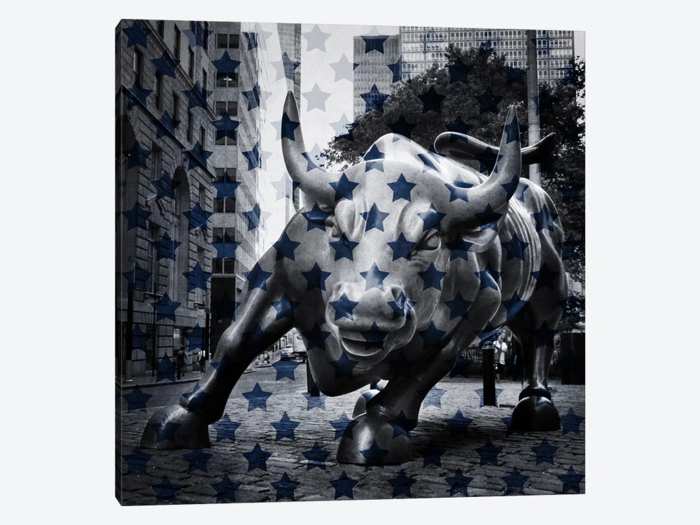 New York - Wall Street Charging BullBlue Stars by iCanvas 1-piece Canvas Artwork