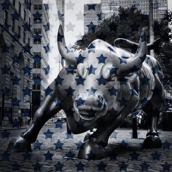 Sculptures & Statues: New York - Wall Street Charging BullBlue Stars by iCanvas