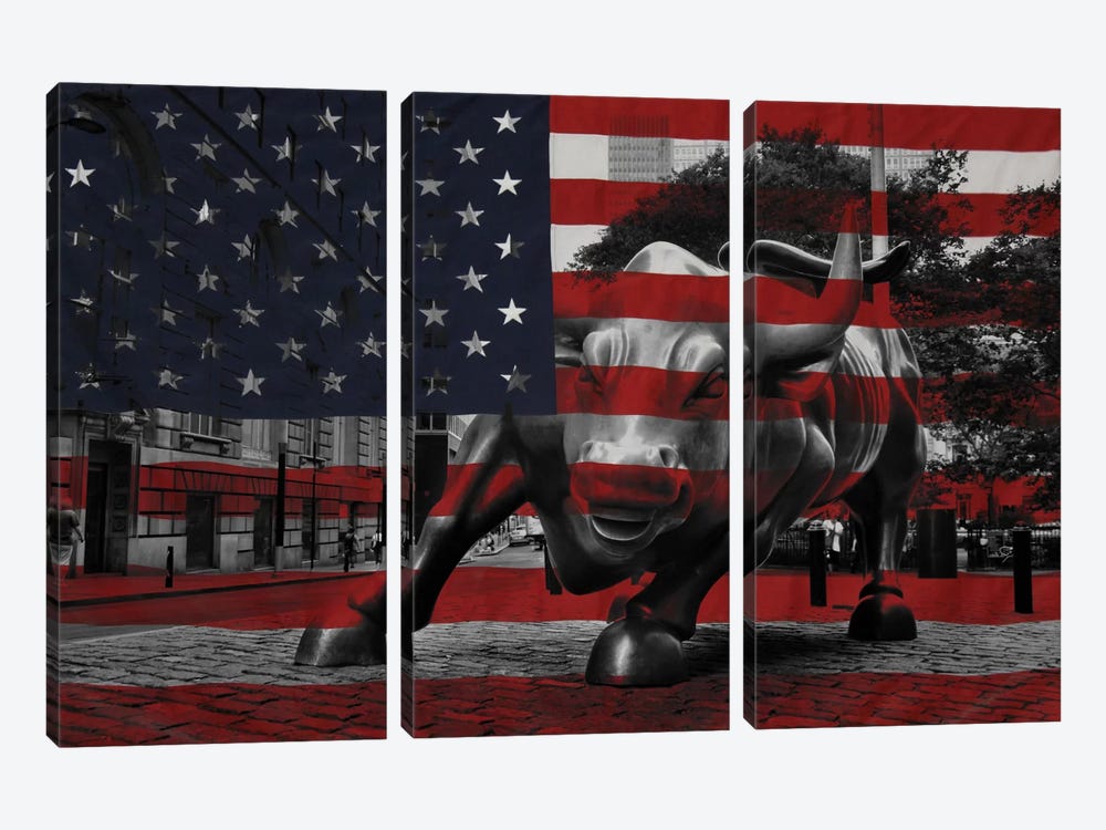 New York - Wall Street Charging Bull, US Flag by 5by5collective 3-piece Canvas Art