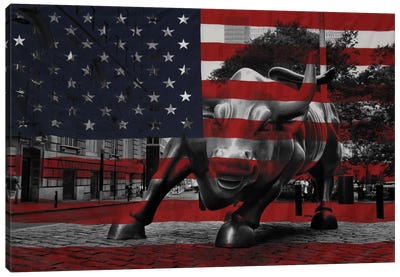 New York - Wall Street Charging Bull, US Flag Canvas Art Print - Places