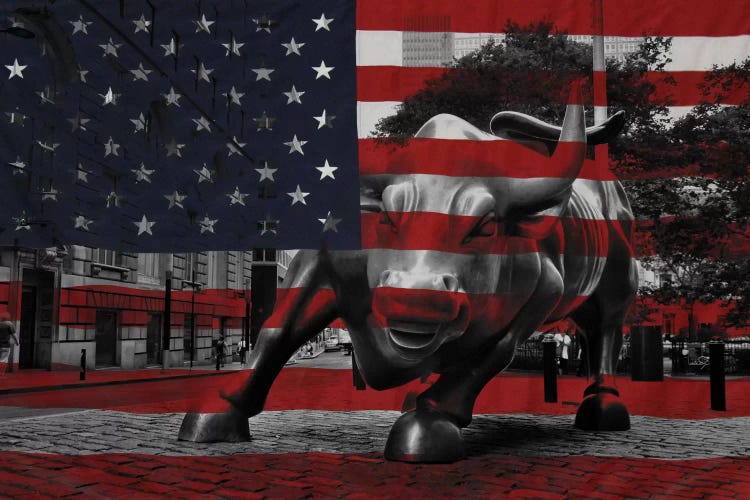 New York - Wall Street Charging Bull, US Flag by 5by5collective wall art