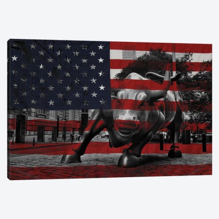 New York - Wall Street Charging Bull, US Flag Canvas Print #FLG283} by iCanvas Canvas Art