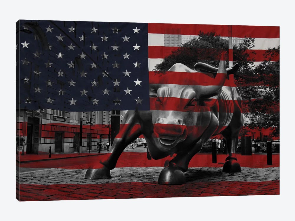 New York - Wall Street Charging Bull, US Flag by iCanvas 1-piece Canvas Wall Art