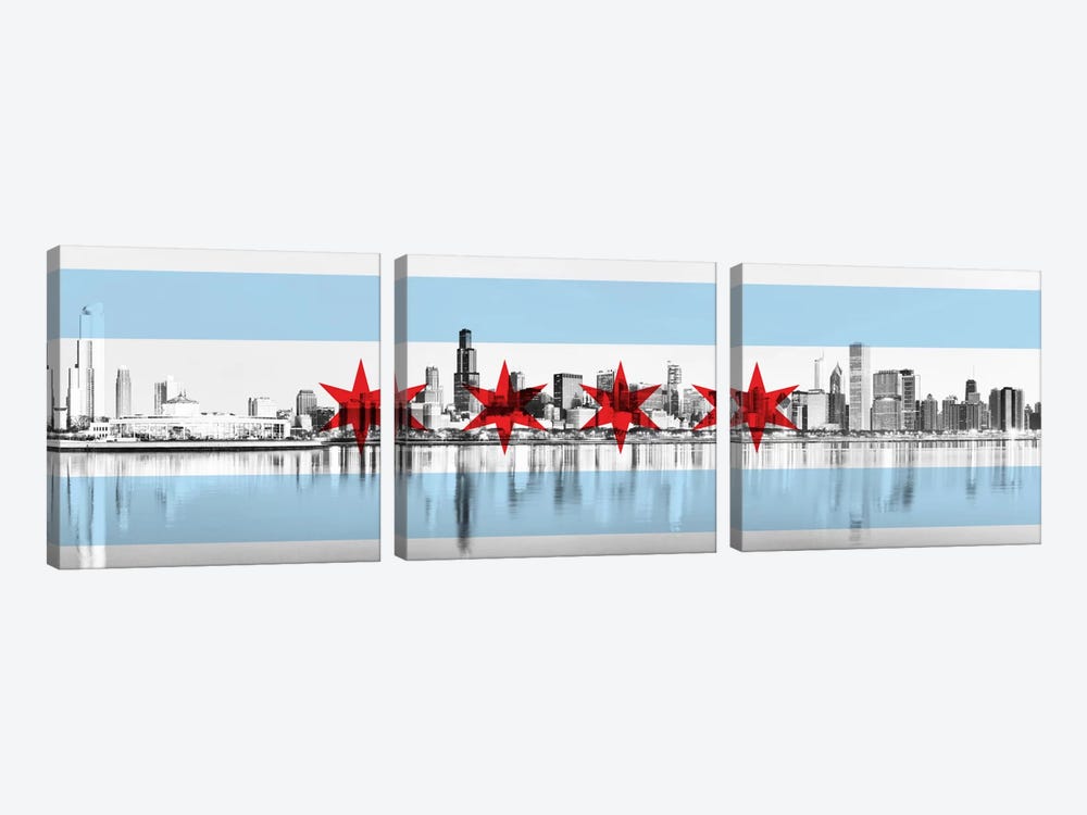 Chicago City Flag (Downtown Skyline) Panoramic 3-piece Canvas Art Print