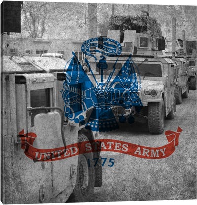 U.S. Army Riveted Metal Flag (Armored Humvee Formation Background) Canvas Art Print - Holiday & Seasonal Art