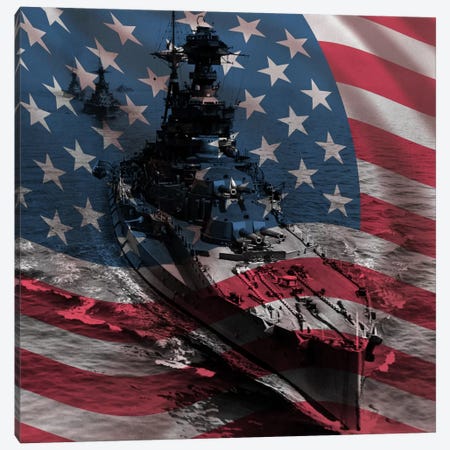 USA Flag (WWII Era Destroyer Fleet Background) Canvas Print #FLG473} by iCanvas Canvas Art Print