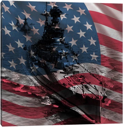 USA Flag (WWII Era Destroyer Fleet Background) Canvas Art Print - Warship Art