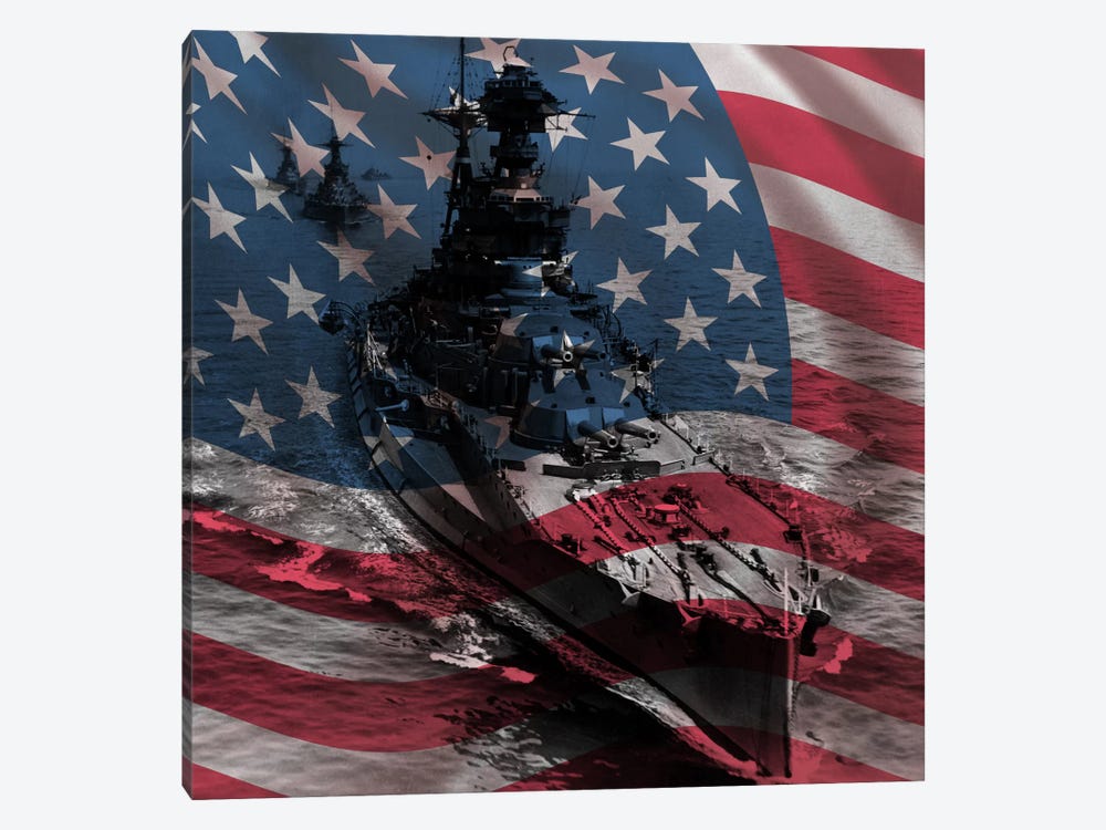 USA Flag (WWII Era Destroyer Fleet Background) by iCanvas 1-piece Canvas Art Print