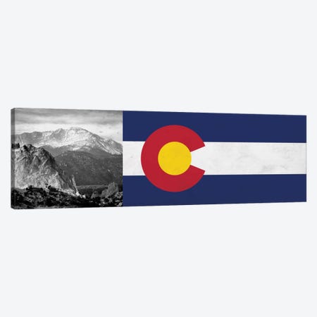 Colorado State Flag with Pikes Peak Photo Panoramic Canvas Print #FLG48} by iCanvas Canvas Wall Art