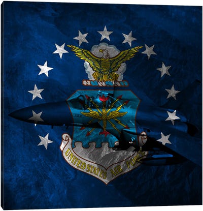 U.S. Air Force Flag (F-15 Eagle Background) Canvas Art Print - Military Aircraft Art