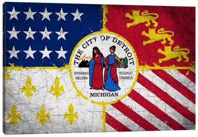 Detroit, Michigan Cracked Paint City Flag Canvas Art Print - Detroit Art