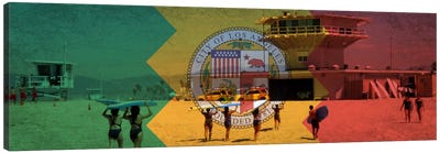Los Angeles, California Flag - Beach Grunge Panoramic Canvas Art Print - Flags Collection