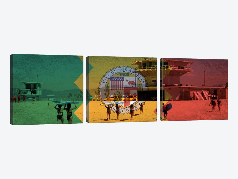 Los Angeles, California Flag - Beach Grunge Panoramic by iCanvas 3-piece Canvas Print