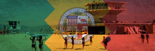 U.S. State Flags: Los Angeles, California Flag - Beach Grunge Panoramic by iCanvas