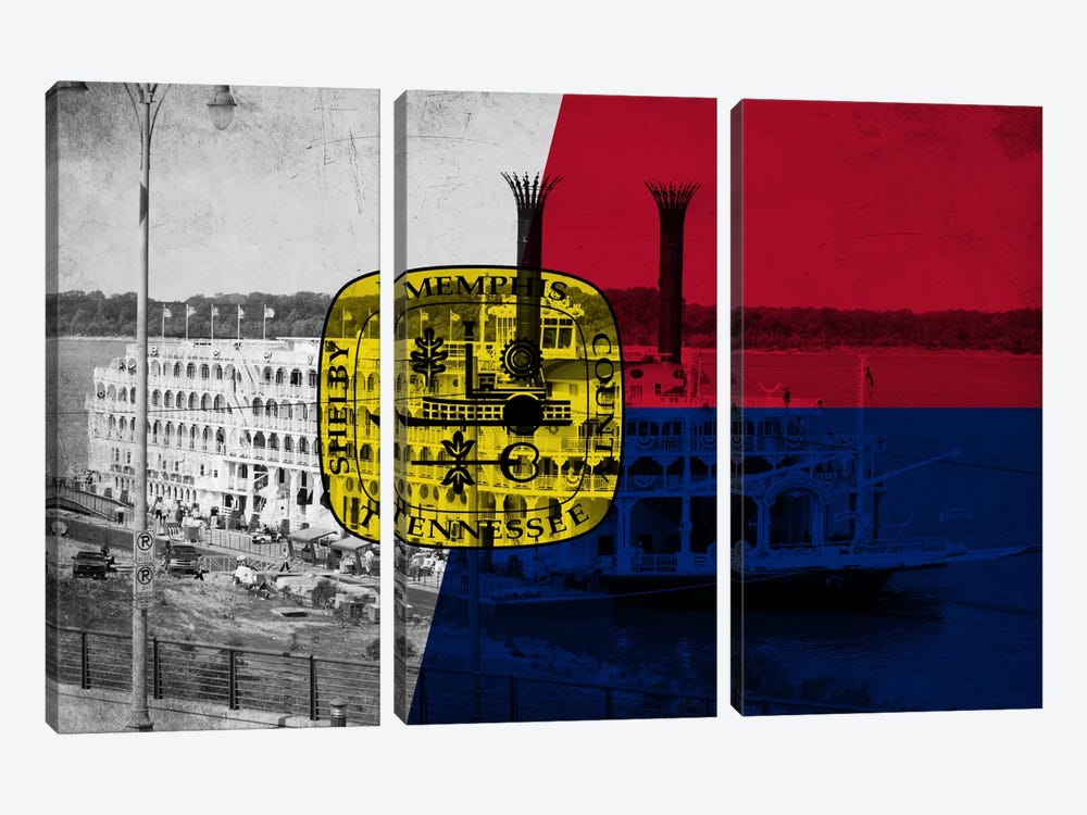 Memphis, Tennessee Flag - Grunge River Boat Memphis Flyer by iCanvas 3-piece Art Print
