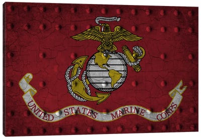U.S. Marine Corps Flag (Crackled Riveted Metal Background) Canvas Art Print - Flags Collection